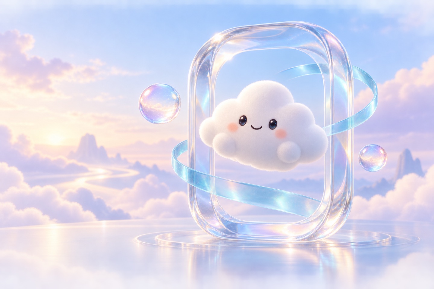 微笑萌云漂浮在透明玻璃门户中的原创卡通情境